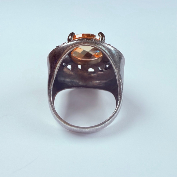 Art Deco Revival 5.5 CT Champagne Orange Quartz & Marcasite Sterling Silver Ring - Picture 5 of 12